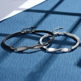 TREENEST 2 Piezas de Pulsera Tejida de Color Plata y Negro(Mobius Símbolo) para Pareja,Diamantes Brillantes y Cadena Ajustale Nuevo Diseño,Regalo de San Valentín,Conmemorativo 50054