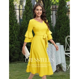 DRESSTELLS Women Formal Dress, 2025 Long Sleeve Plus Size Vintage Cocktail Party 1950s Dresses, Fit Flare Wedding Guest Bridesmaid Prom Yellow 3XL
