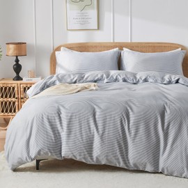 JELLYMONI Bedding Duvet Cover Set, 100% Natural Cotton Striped Duvet Cover, White Duvet Cover with Thin Blue Stripes Pattern Printed, Comforter Cover with Zipper Closure & Corner Ties(King Size)