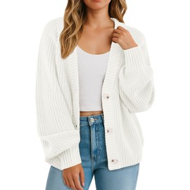 GRECERELLE Women's Chunky Open Front Long Sleeve V-Neck Button Knit Loose Cardigan Sweater Outerwear, White, M