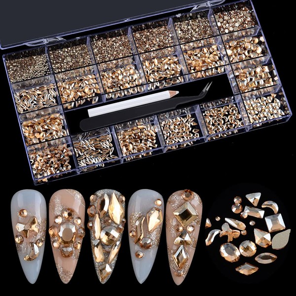 WEILUSI Cuentas redondas de diamantes de imitación de parte trasera plana, 8620 piezas de diamantes de imitación de cristal de múltiples formas para arte de uñas, maquillaje, decoración de cara, suministros de manualidades (champán)