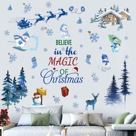 Christmas Wall Decal Santa Claus Christmas Tree Wall Sticker Removable Vinyl DIY Wall Decor Christmas Party Window Playroom Bedroom Classroom Living Room Decor Christmas Party Theme Decoration(Blue)