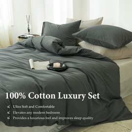 QKTE 100% Washed Cotton Duvet Cover Set 3pcs Linen Feel Queen Duvet Cover Breathable Durable Comfy Twill Bedding (Dark Grey,88" x 92")