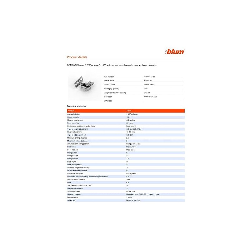 Blum 33B355AF22 Compact Face Fix Hinge 107° with Spring and