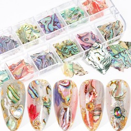 Nail Art Shell Flakes,1Box 12Grids Irregular Abalone Seashell Slices for Nail Art,Nail Art Accessories Colorful Shell Pieces Nail Sequins Glitter for DIY Manicure (Shell Pieces A)