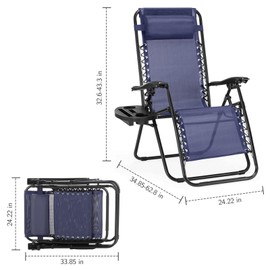 Zero Cravity Chairs Set of 2, Adjustable Folding Reclining Lounge Chair with Pillow and Cup Holder, Beach Recliner Chair for Outdoor & Patio, Blue