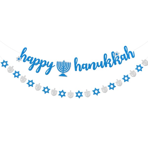 Happy Hanukkah Decorations Banner Chanukah Festival Party Decorations Silver Blue Glitter
