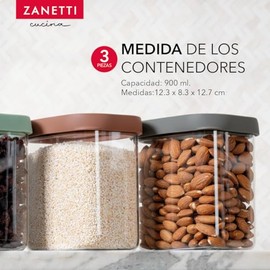 Zanetti - Juego de 3 Recipientes Herméticos de Cristal con Tapa de Colores - 900 ml cada uno                                                          