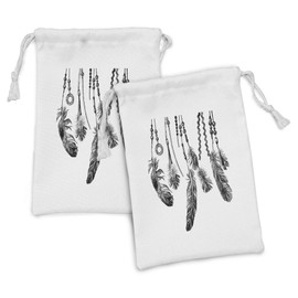 Lunarable Tribal Fabric Pouch Set of 2, Historical Style Feathers Pattern Indigenous Culture Themed Print, Small Drawstring Bag for Toiletries Masks and Favors, 9" x 6", Black White
