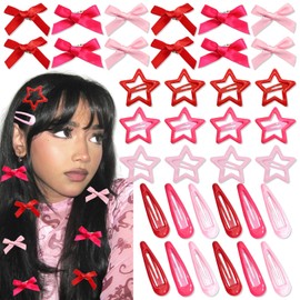 SAWINDA 36Pcs Hot Pink Mini Bow Hair Clips Red Star Snap Hair Barrettes Water Drop No Slip Hair Clips for Women 3 Color Small Hair Bows Star Bowknot Hair Accessories for Girls