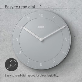 Braun Classic Analogue Wall Clock with Quiet Quartz Movement, Easy To Read, 20cm Diameter in Grey, model BC06G.