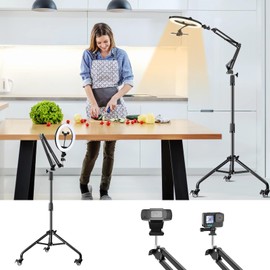 Overhead Phone Tripod for Cooking Videos with Casters, Ring Light with Stand Overhead Phone Mount Holder, Selfie Light Phone Camera Stand for Video Recording, Streaming, Vlog, TikTok,YouTube