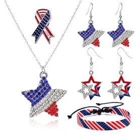 QLYOVWE July 4th Independence Day Jewelry Set for Women American Flag Five-pointed Star Earrings Necklace Red White Blue Ribbon Pins Bracelets Independence Day Outfits Jewelry Accessories (Crystal Star)