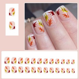 24Pcs Autumn French Tip Press on Nails Maple Leaf Short Square Fake Nails Reusable Acrylic Nails for Women Thanksgiving Maple Leaves Manicure Decoration Supplies