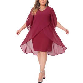 Agnes Orinda Plus Size Chiffon Cocktail Dresses for Women Mesh 2024 Wedding Guest Party Overlay Short Dress 4X Red