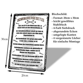 Tin Sign with German Text "Schraubergesetze" - Metal Sign Workshop Accessories Decoration - Retro Decorative Sign Work Company Garage Warehouse Car Motorcycle Tuning Car Workshop - Gift Car Mechanic -