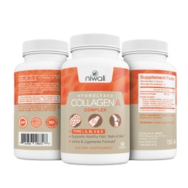 NIWALI Multi Collagen Complex Supplement for Women & Men | Hydrolyzed Collagen Pills - Types I, II, III, V & X| for Healthy Hair, Nails, Skin, Bone & Joints | 90 Capsules