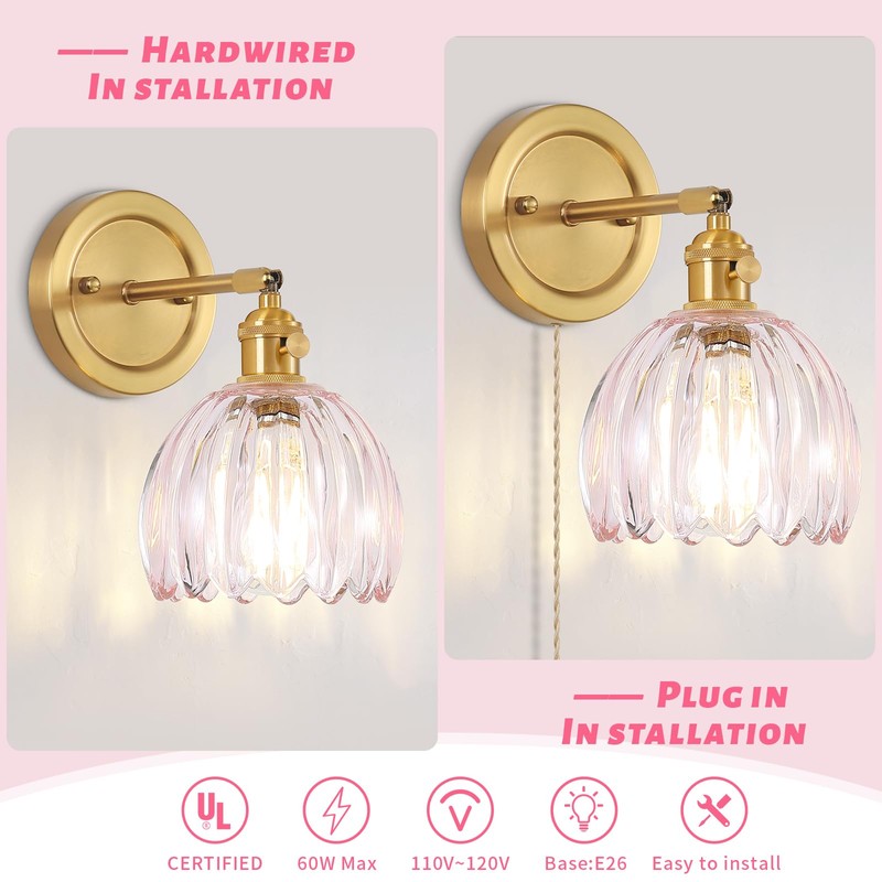 Eemmwet Tulip Wall Sconces Set of 2, Pink Glass Plug