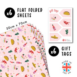 Rosa Geschenkpapier – Fiesta – 6 Bögen Geschenkpapier mit Anhängern – mexikanisch inspiriert – Geschenkpapier für Mädchen – mit Aufklebern – recycelbar – von Central 23