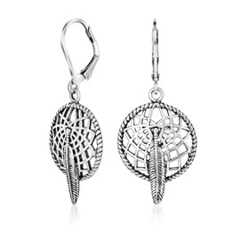 Bling Jewelry Leaf Feather Dream Catcher Dangle Leverback Earrings 925 Silver