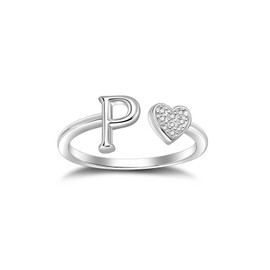 SILBERTALE 925 Sterling Silver Heart Ring with Letters Adjustable Size 52 to 58 Initial A-Z Letter Ring Individual Fashion Jewellery with Gift Box