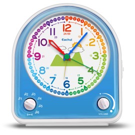 Eachui Analogue Alarm Clock for Children with Snooze Function, Night Light, Adjustable Volume and 7 Alarm Tones, Quartz Alarm Clock without Ticking with Clear Dial for Boys Girls (Blue)