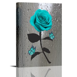 Rtriel Teal Rose Canvas Wall Art Turquoise Blue Flower Prints Contemporary Black and White Pictures for Bathroom Wall Decor 12 x 16 Inch