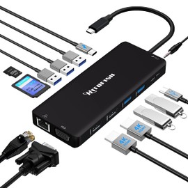USB C Laptop Docking Station, 14 in 1 Type C Hub Multiport Adapter Dongle with 3 Monitors Compatible for Macbook/Dell/HP/Lenovo Laptops (Dual HDMI, VGA, PD, RJ45, SD/TF, USB C/A Ports, Mic/Audio)Black