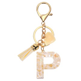 [PATIKIL] Alphabet Initial Letter Key Chain Tassel Heart Letter P Decorative Resin Cute Key Chain for Women Keeper Handbag Backpack Bag Accessories Beige