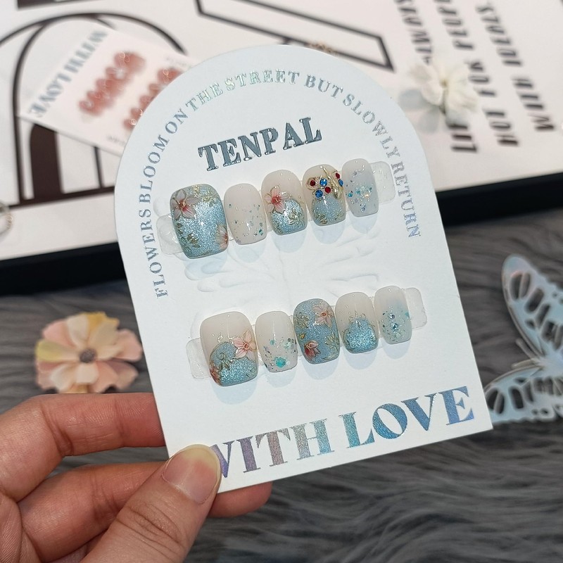 TENPAL Hand-Painted Cloisonne Press on Nails 10Pcs Kit,Short Squoval Blue