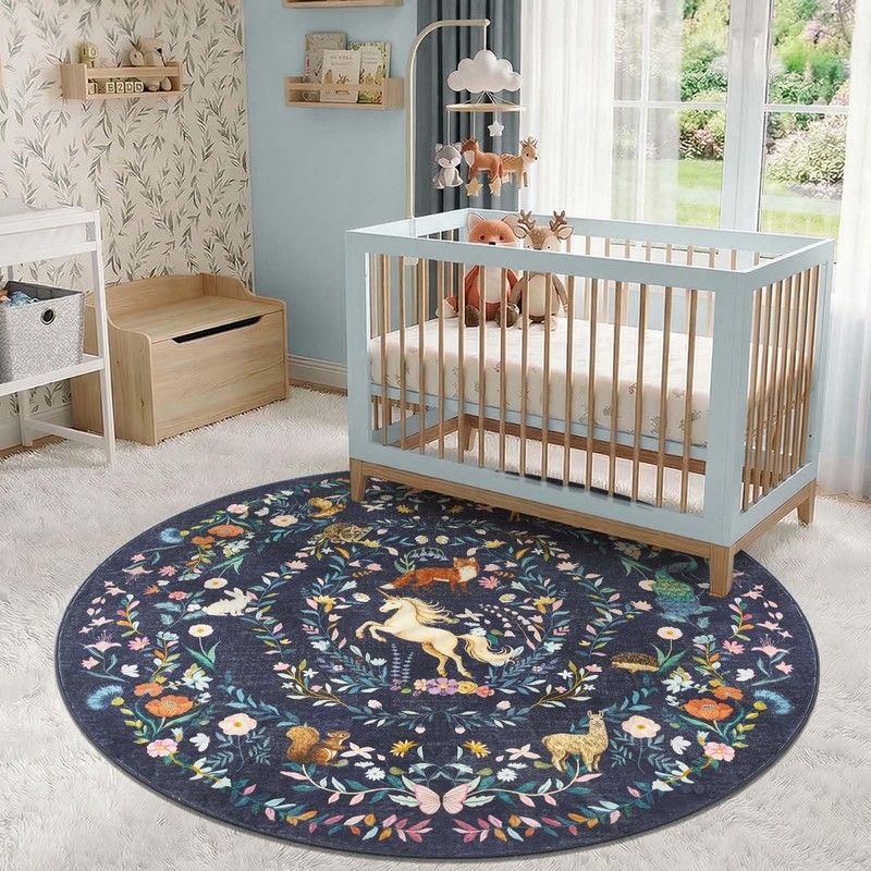 6ft Round Rug Washable Kids Rug Whimsical Playroom, Navy Blue