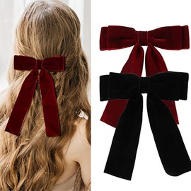 Bow Hair Clips,2 PCS Women's Hair Bow Velour Hair Bow Hair Bows Bow Hair Barrettes Red Hair Bow Black Hair Bow Long Ribbon Bow Clips Large Velour Bows Barrettes Vintage Bow for Women Girls