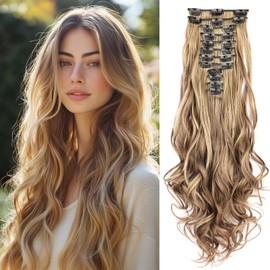 Hair Extensions Clip In - 22 Inch Long Curly Blonde with Highlights Synthetic Hairpiece, 180g, 12 Pieces, Soft and Thick for Women