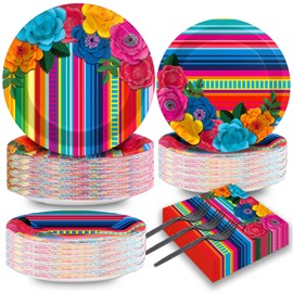 Naozinebi 200Pcs Mexican Serape Fiesta Plates Napkins Tableware Disposable Mexican Floral Stripes Dinnerware for Mayo Fiestas Dance Pinata Mexico Taco Colorful Ponchos Party Decor Supplies Serves 50