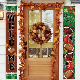 Deroro Welcome Fall Football Porch Banner Sign, Autumn Sport Game Day Helmet Love Heart Front Door Decorative Hanging Welcome Banner Flag, Touch Down Rugby Maple Leaves Decoration Home Outdoor Decor