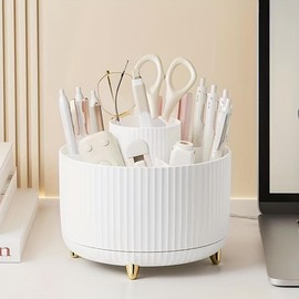 Rotatable Desktop Pen Holder, 5 Slot Rotating Pen Organizer, Simple Multi-grid Multifunctional Pencil Storage Box,Desk Sundries Container Fall  Decor bathroom vanity desktop organizer home brush decorative ornament utensil crock festival gift makeup:_whith