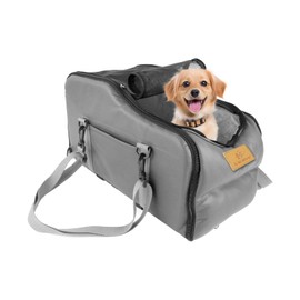 Multipurpose Console Dog Car Seat for Small Dogs & Cats， Portable Pet Carrier with Safety Tether & Storage Pockets (Grey, Middle)
