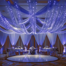 6 Panels Navy Blue Ceiling Drapes with Lights for Weddings Ceiling Drapes 5ftx10ft Wedding Draping Fabric Sheer Curtains Tulle Drapery Wedding Decorations for Home Party Ceremony Stage Swag