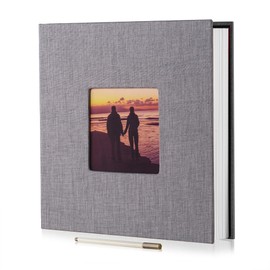 HoneyTolly Large Photo Album Self Adhesive with Picture Display Window, DIY Scrapbook Album for 4x6 8x10 Pictures, 40 Pages Linen Cover Memory Book with Scraper and Metallic Pen(Grey)