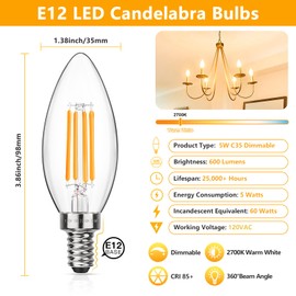 MAXvolador Dimmable E12 LED Candelabra Bulbs 60W Equivalent, Warm White 2700K, 600LM Chandelier Light Bulb, B11 LED Candle Light Bulbs, 12 Pack