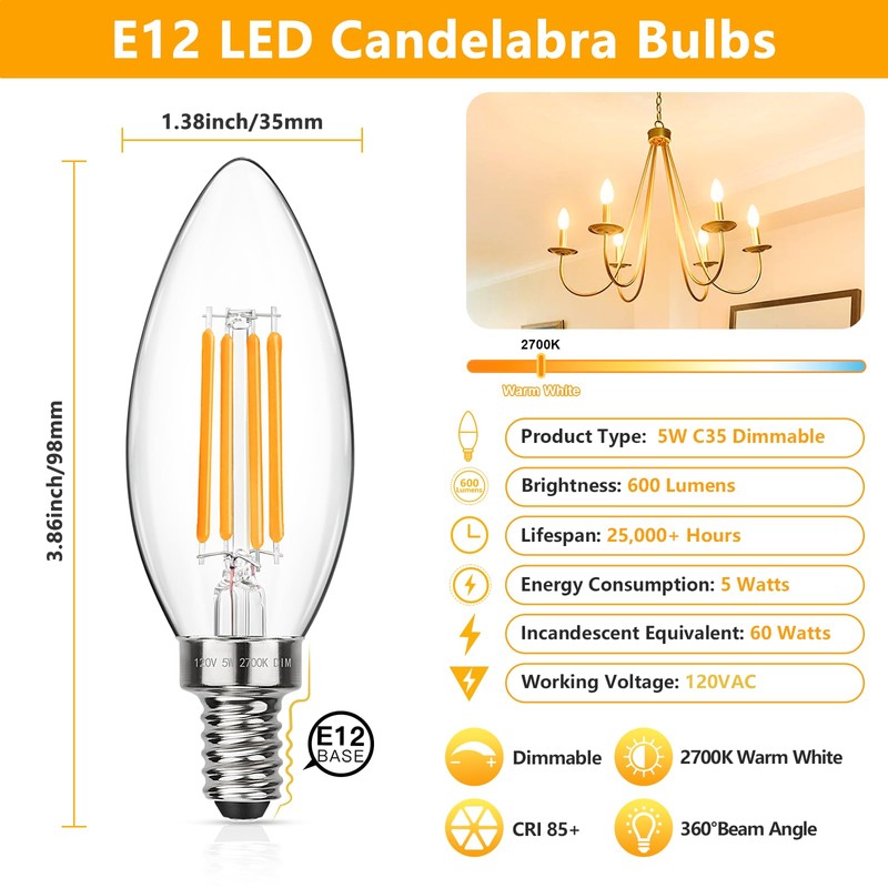MAXvolador Dimmable E12 LED Candelabra Bulbs 60W Equivalent, Warm White