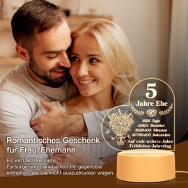 Vetbuosa 5th Wedding Anniversary Wooden Wedding Gift - Acrylic Night Lamp, 5 Years Anniversary Decoration, Gifts for 5th Wedding Anniversary, 5th Wedding Anniversary Gifts for Wife Women Men Couples Husband