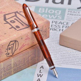 Majohn V60 Triangular Piston Fountain Pen Fine Nib, Transparent Brown Resin Writing Pen with Gift Box