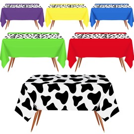 Hosuly 6 Pcs Cow Print Tablecloth Kids Birthday Party Plastic Tablecloth Set 54 x 108'' Table Cloth Solid Rectangular Table Cover