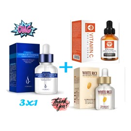 3 Serum Vitamina C +arroz + Acido Hialuronico Rutina Diaria Sensible