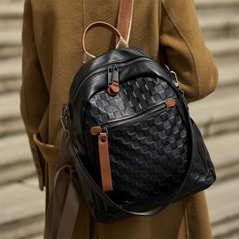 Wesccimo Genuine Leather Backpack Purse For Women Black Real Soft Leather Checkered Convertible Shoulder Casual Daypack Designer Bag