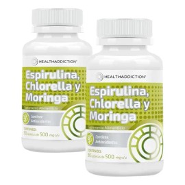 HEALTHADDICTION - 2 Pack Complejo de Espirulina, Moringa y Chlorella | Suplemento Alimenticio con Antioxidantes Naturales, Vitaminas y Minerales | Energía, Detox y Apoyo Inmunológico | 180 Tabletas