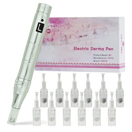 Dermapen TBPHP M1 Upgraded for Micro-Nadelrolle Pen with LCD Screen with 12pcs Cartridges, Wireless and rechargable,Silver