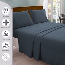 Pizuna Pure 100% Cotton Sheets Full Size, 800 Thread Count Long Staple Cotton Crisp Sateen Sheets Full with 15inch Deep Pocket (Combed dark blue Cotton Sheets Full)
