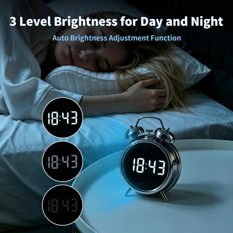 Digital Alarm Clock LED Display, No Ticking, Loud Alarm Clock